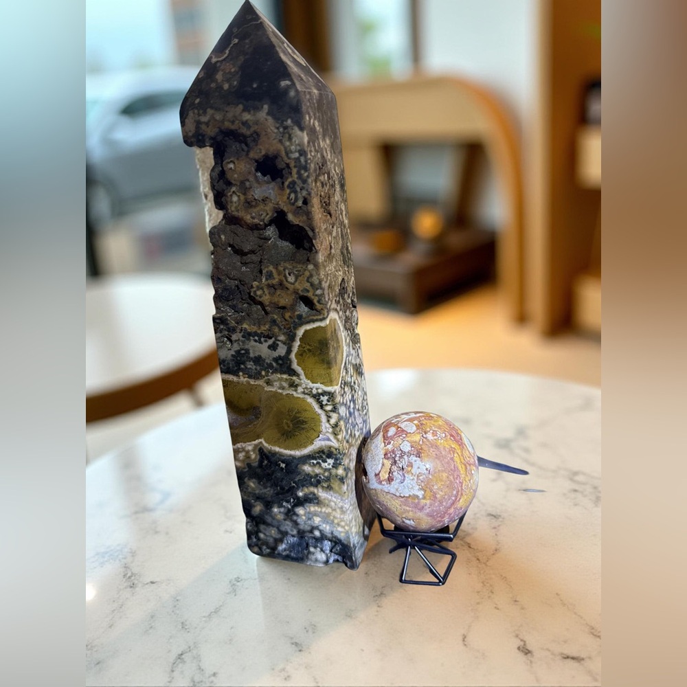 Rare 8th Vein Ocean Jasper from Madagascar Huge Tower & Rare Agate Sphere